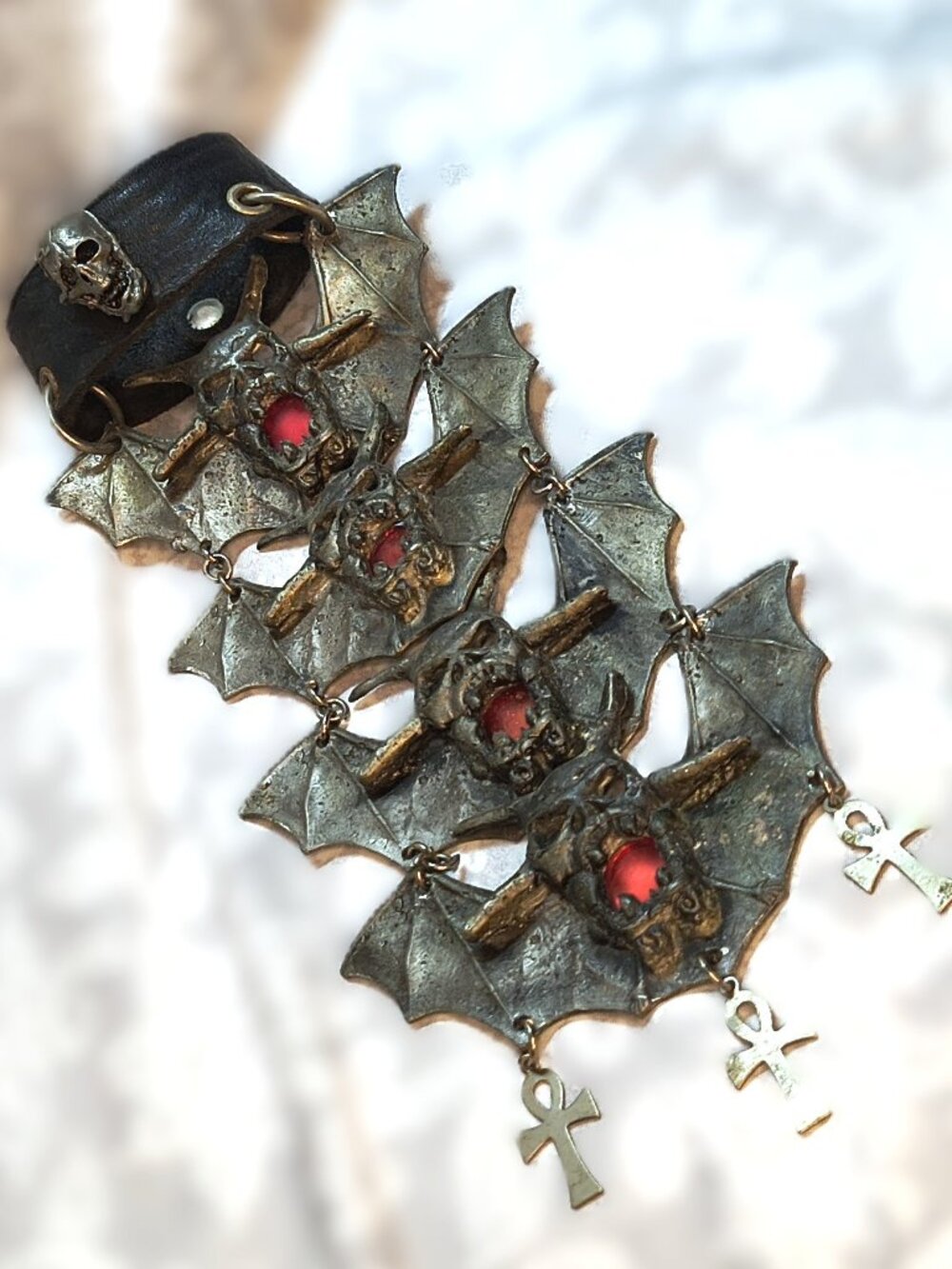 9"x4" gothic Vintage leather jacket epaulette bat accessory with hanging ankhs